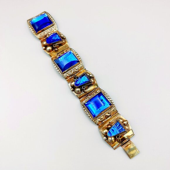 Vintage Mexican Sterling Silver Bracelet with Blue Stones | Hinged 0925 AR - Picture 1 of 11